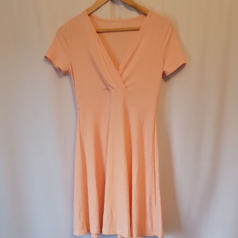 Shein Peach Ribbed Fit and Flare Mini Dress with V-neck Short Sleeves